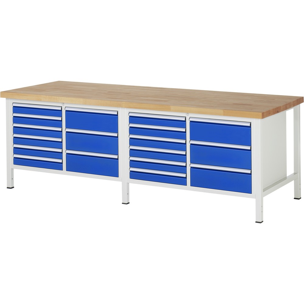 Obrázok výrobku: Pracovný stôl RAU série 8 000, v × š × h 840 – 1 040 × 2 500 × 900 mm, 2 dvojitý podstavný kontajner, so 9 zásuvkami